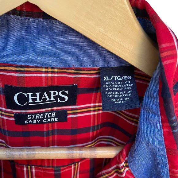 Chaps Easy Care Red/Navy Plaid‎ Button-Down Long Sleeve Pocketed Men’s XL Shirt - Picture 4 of 5